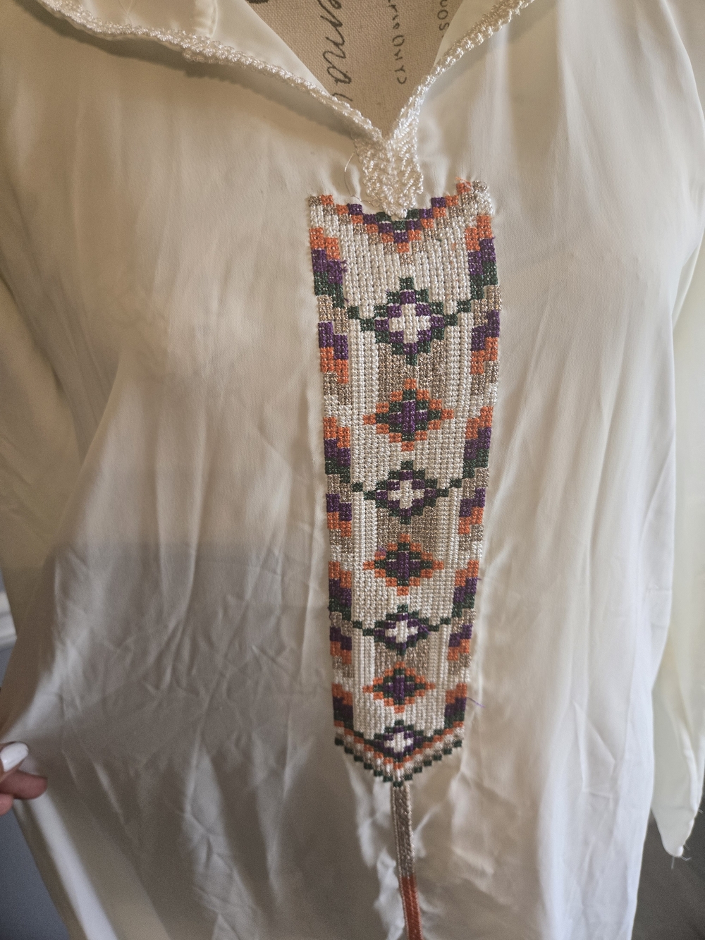 Hooded Embroidered Maxi Dress - Ivory with Multicolor Trim - Picture 3 of 7